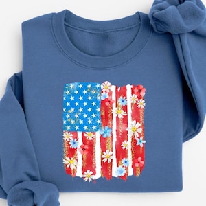 Retro Floral USA Flag Sweatshirt, USA Sweatshirt, Patriotic Sweatshirt, American Flag Sweatshirt, America Sweatshirt, Red Blue White