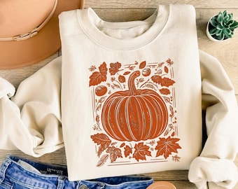 Sudadera con estampado de calabaza para mujer, cuello redondo retro otoñal, camisa acogedora de otoño, camisa de calabaza para Halloween, atuendo otoñal bonito, suéter acogedor de otoño