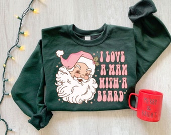 Funny Santa Beard Sweatshirt, Retro Pink Santa Christmas Sweatshirt, Womens Christmas Sweatshirt, Holiday Sweater, Cute Christmas Sweatshirt
