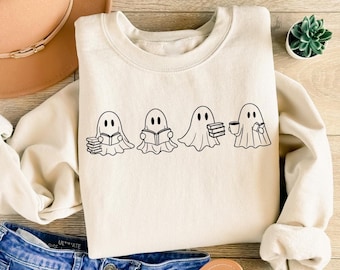 Cute Ghost Reading Books Sweatshirt, Cute Little Ghost Shirt, Spooky Season, Bookish Ghost, Ghost Coffee Shirt, Books Lover Halloween Gift