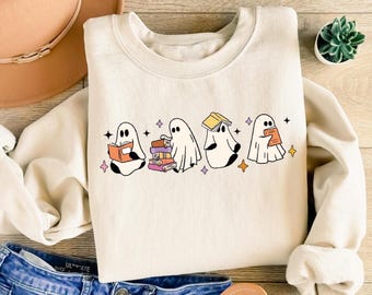 Womens Ghost Reading Books Sweatshirt, Books Lover Halloween Gift, Cute Little Ghost Shirt, Spooky Season, Bookish Ghost, Ghost Coffee Shirt