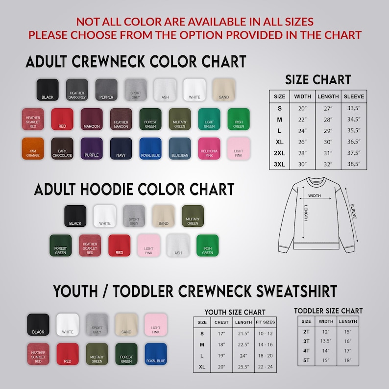 The image is a color chart for adult and youth crew neck sweatshirts, providing a variety of color options for customers to choose from.