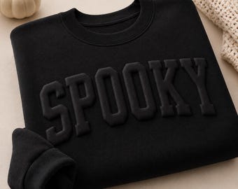 Embossed Black Puff Spooky Sweatshirt, Womens Halloween Sweater, Cool Halloween Outfit