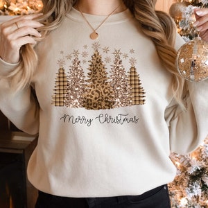 Leopard Merry Christmas Trees Sweatshirt, Christmas Sweatshirt, Holiday Sweater, Womens Holiday Sweatshirt, Christmas Shirt, Winter Shirt