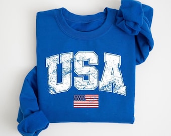 Retro USA Flag Sweatshirt, Womens USA Sweatshirt, Patriotic Sweatshirt, American Flag Sweatshirt, America Sweatshirt, Red Blue White