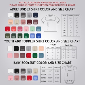 a color and size chart for various types of shirts, including adult and youth shirts, as well as a baby bodysuit chart. The chart provides color options and corresponding sizes for each type of shirt, as well as measurements for the chest and length.