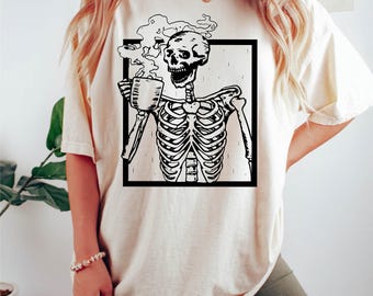 Comfort Colors® Coffee Skeleton Shirt, Happy Halloween Skeleton Shirt, Women Fall Shirt, Halloween Party Shirt, Skull Tee, Skeleton Costume