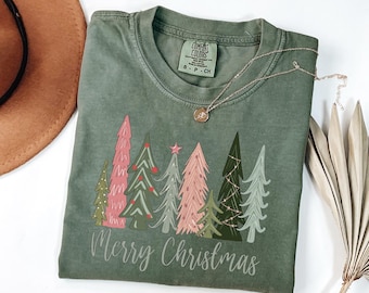 Cute Merry Christmas Trees Shirt : Womens Holiday T-Shirt, Cute Winter Outfit, Family Xmas Graphic Tee