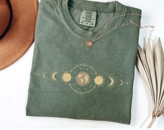 Womens Moon Phase Shirt, Mystic Moon Shirt, Celestial Shirt, Boho Mystical Moon & Sun Shirt, Boho Moon Outfit, Spiritual Moon Clothing Gift