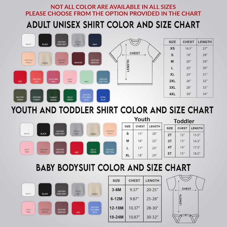 a color and size chart for various types of shirts, including adult and youth shirts, as well as a baby bodysuit chart. The chart provides color options and corresponding sizes for each type of shirt, as well as measurements for the chest and length.