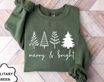 Merry & Bright Christmas Trees Sweatshirt, Christmas Sweatshirt, Holiday Sweater, Womens Holiday Sweatshirt, Christmas Shirt, Winter Shirt