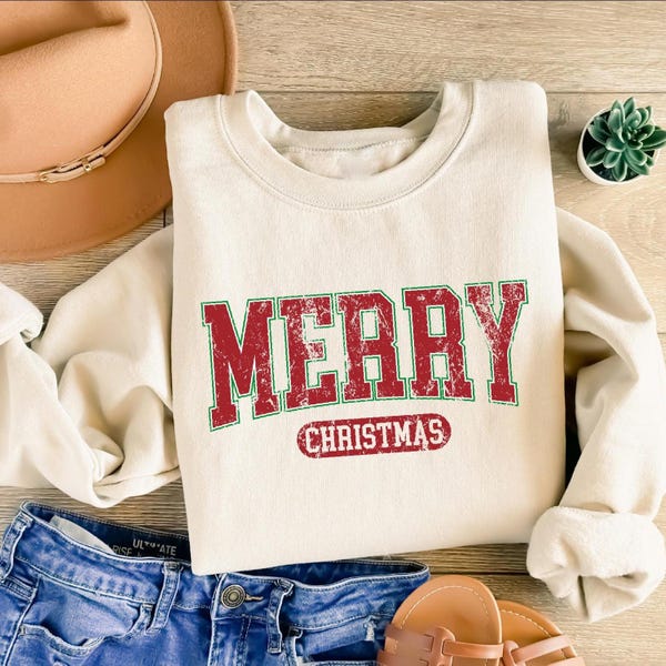 Retro Merry Christmas Sweatshirt : Womens Holiday Sweater, Cute Xmas Party Gift, Winter Sweater