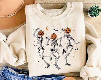 Halloween Skeleton Pumpkin Sweatshirt, Dancing Skeleton Shirt, Womens Halloween Sweater, Pumpkin Shirt, Spooky Skeleton, Fall Graphic Tee