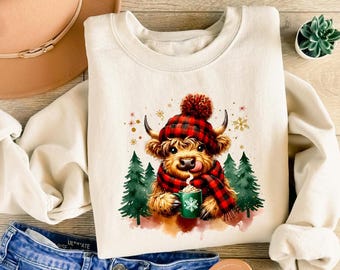 Cute Christmas Cow Sweatshirt, Highland Cow Sweater, Womens Cow Christmas Shirt, Cow Lover Gift, Farm Christmas Gift