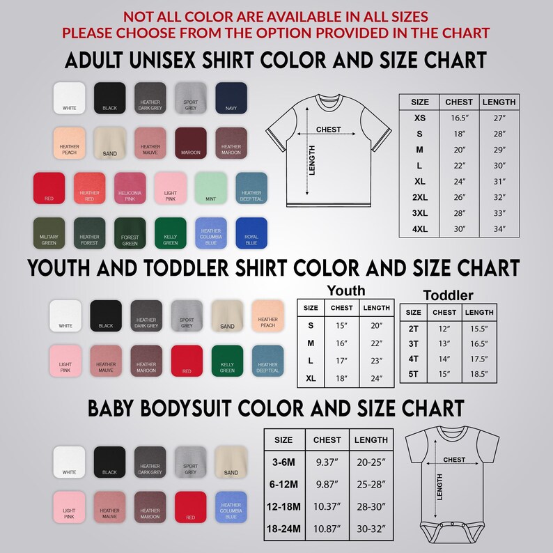 a color and size chart for various types of shirts, including adult and youth shirts, as well as a baby bodysuit chart. The chart provides color options and corresponding sizes for each type of shirt, as well as measurements for the chest and length.