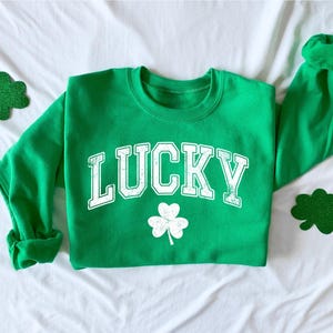Retro Lucky Sweatshirt, Cute St Patricks Day Sweatshirt, Womens Shamrock Sweatshirt, Irish Shirt, Four Leaf Clover, St Patricks Day Outfit image 2