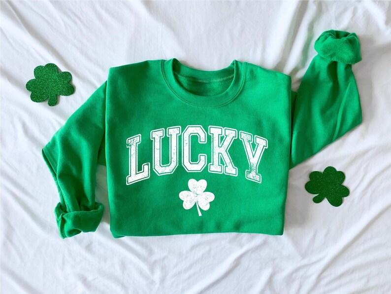 Retro Lucky Sweatshirt, Cute St Patricks Day Sweatshirt, Womens Shamrock Sweatshirt, Irish Shirt, Four Leaf Clover, St Patricks Day Outfit image 2