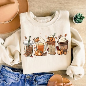 Cute Fall Coffee Sweatshirt, Pumpkin Spice Coffee Shirt, Coffee Lover Shirt, Halloween Pumpkin Latte Drink Cup, Thanksgiving Shirt