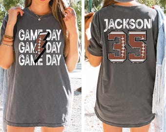 Personalized Football Mom Shirt, Custom Game Day Mom Football Shirt, Child Name & Number Football Game Season Shirt, Gameday Fall Mama Shirt