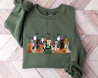 Sudadera de Halloween con perros brujos, camiseta de Halloween con perros fantasmas, regalo de Halloween para amantes de los perros, camiseta divertida de Halloween con perros para fiestas, Halloween para mujer