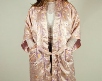Light Pink Dragon Print Robe / Vintage Y2K Asian Inspired Dressing Robe Size Large