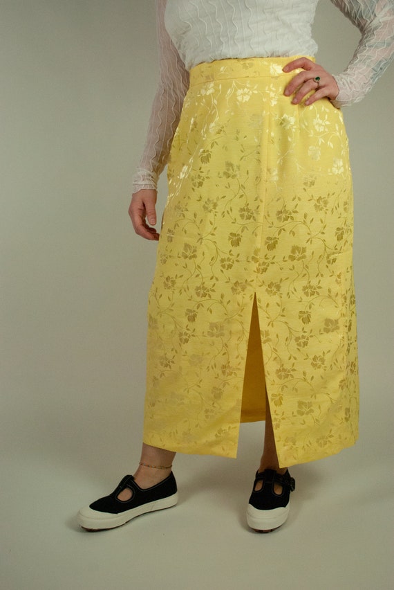 Light Yellow Floral Maxi Skirt / Vintage 90s Shin… - image 2