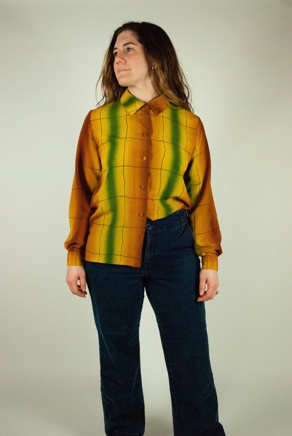 Mustard Yellow Grid Pattern Button Up Blouse / Vi… - image 1