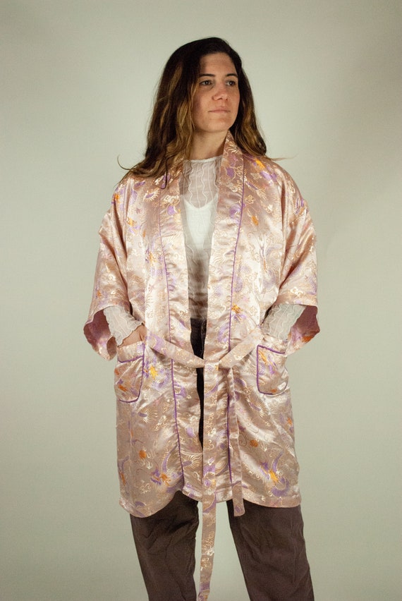 Light Pink Dragon Print Robe / Vintage Y2K Asian I