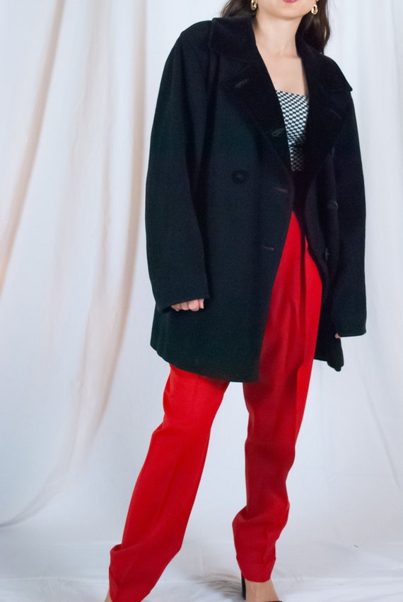 Velour Trimmed Peacoat / Vintage 80s Black Oversiz