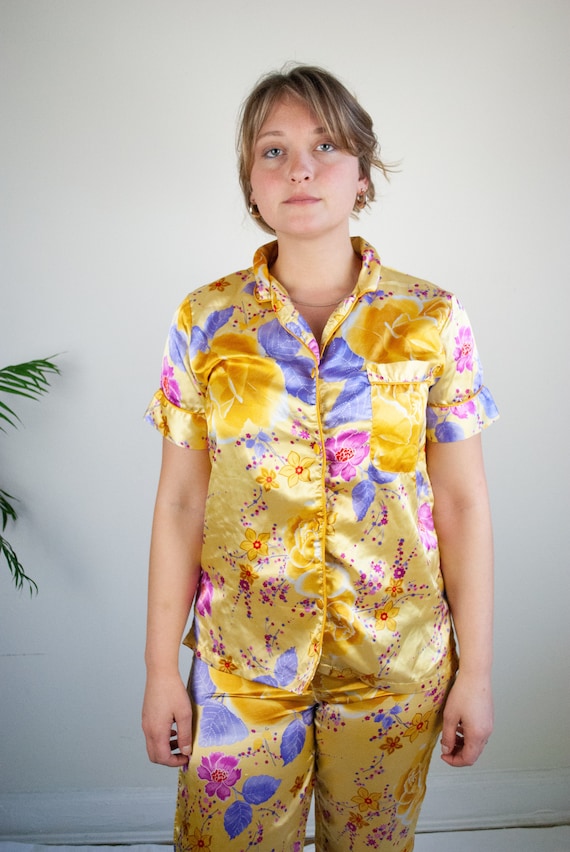 Yellow Floral Pajama Set / Vintage 80s 90s Y2K Si… - image 3
