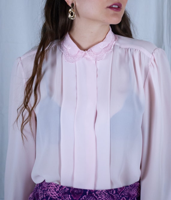 Romantic Sheer Blush Button Up Blouse / 80s Vinta… - image 4