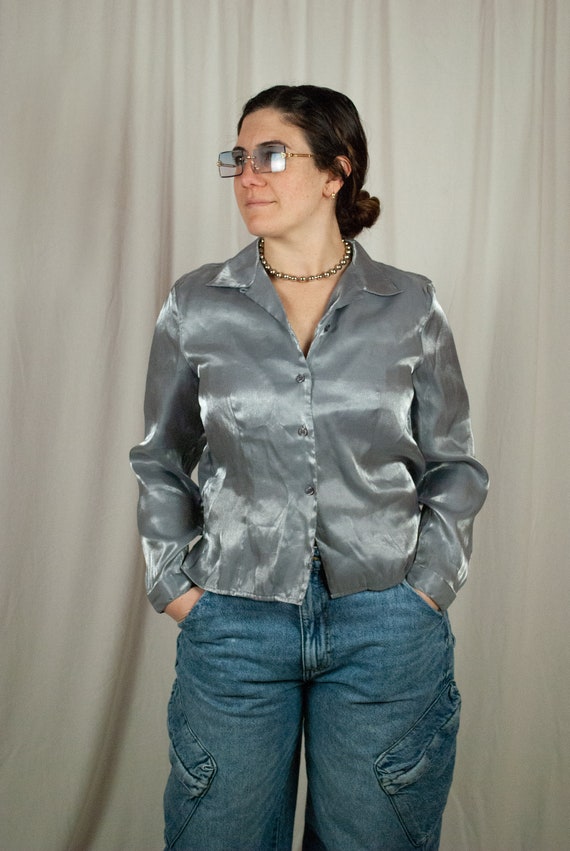 Metallic Silver Blouse / Vintage 90s Silky Satin S