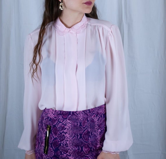 Romantic Sheer Blush Button Up Blouse / 80s Vinta… - image 9