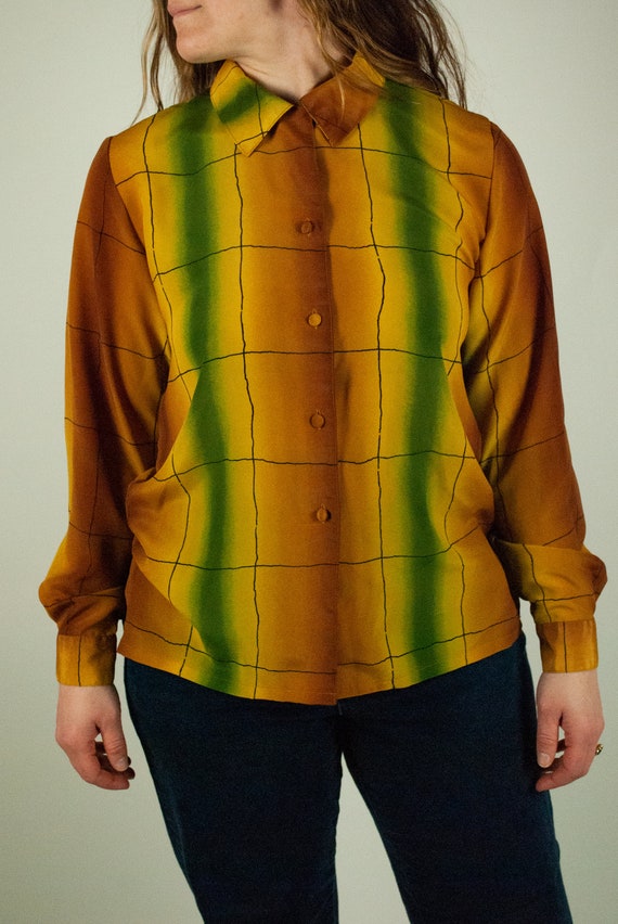 Mustard Yellow Grid Pattern Button Up Blouse / Vi… - image 6