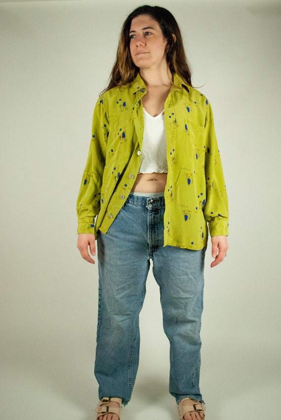 Chartreuse Leaf Print Blouse / Vintage 90s Y2K Lig