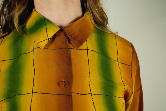 Mustard Yellow Grid Pattern Button Up Blouse / Vi… - image 5