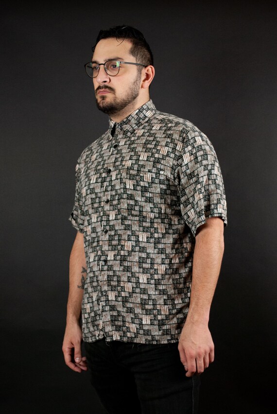 Abstract Square Pattern Button Up / Vintage Polo … - image 4