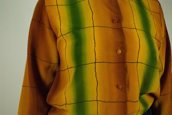 Mustard Yellow Grid Pattern Button Up Blouse / Vi… - image 4