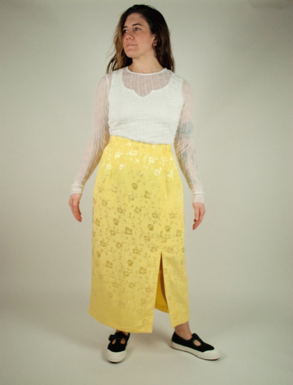 Light Yellow Floral Maxi Skirt / Vintage 90s Shiny