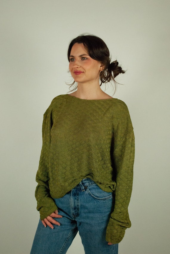 Diamond Mesh Olive Green Top / Vintage 90s Chartre