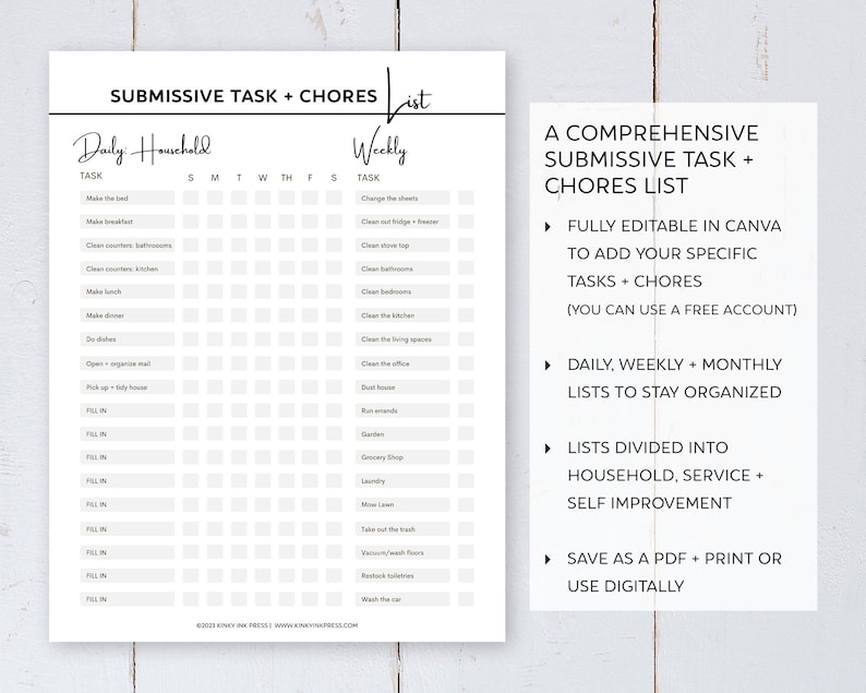 Editable Submissive Task and Chores Household, Service and Self Improvement List / Discipline ...