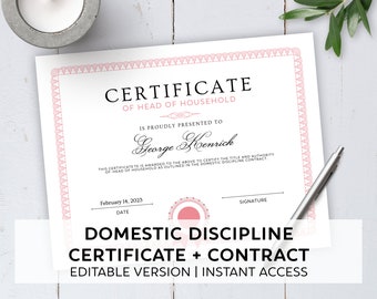 Editable Domestic Discipline Certificate + Contract / Printable / Great gift for boyfriend, husband, Master, Valentine's Day