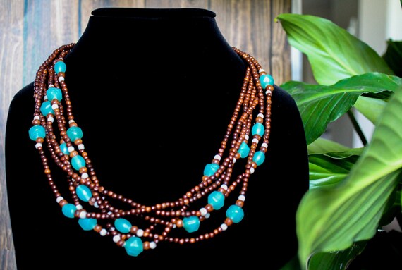 Handmade Beaded Necklace- Teal & Brown beads - image 4