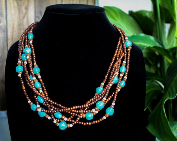 Handmade Beaded Necklace- Teal & Brown beads - image 5