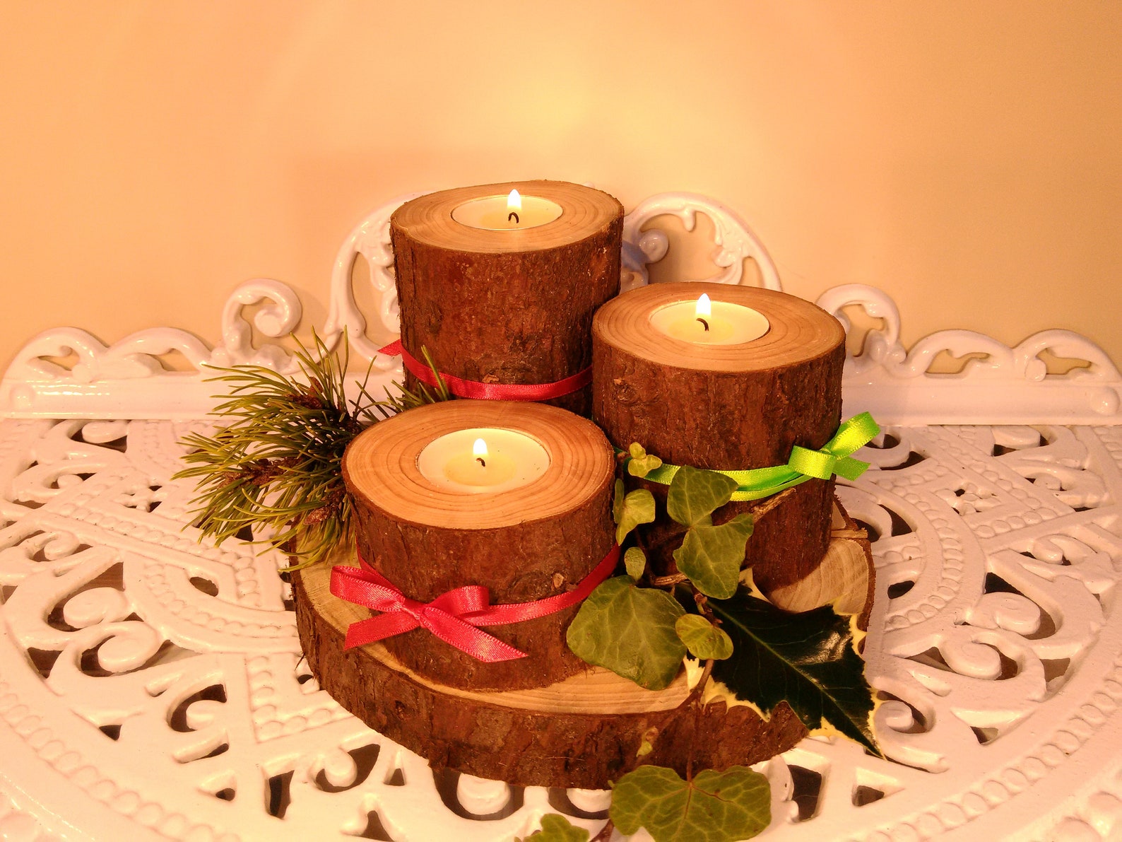 Christmas Log Candle Holder 3 tealights real wood handmade Etsy