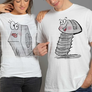 May include: Two white t-shirts with cartoon illustrations. One shirt features a nut with a face and the other shirt features a screw with a face.