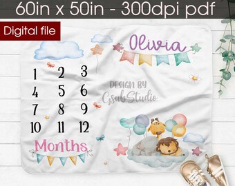 Safari animals Baby Milestone Blanket Digital Design for Sublimation Girl design safari animals DTG print Sublimation designs download