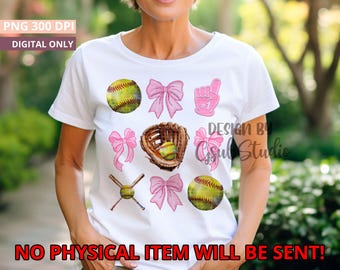 Pink Coquette Bow Softball PNG Design Sublimation Hand Drawn Digital Download Pink Ribbon PNG Soft Girl Preppy Pink Girly