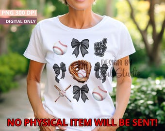 Black Coquette Bow Baseball PNG Design Sublimation Hand Drawn Digital Download Black Ribbon PNG Soft Girl Preppy Black Girly