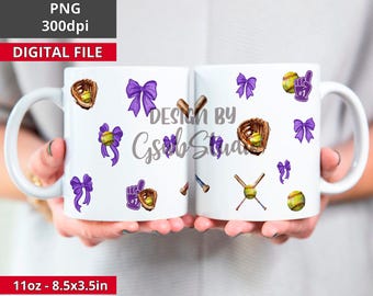 Purple Coquette Bow Softball Mug PNG Design Sublimation Hand Drawn Digital Download Purple Ribbon PNG Soft Girl Preppy Purple Girly